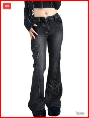 Women's Y2K Butterfly Embroidered Flare Jeans Low Rise Denim Bell Bottom